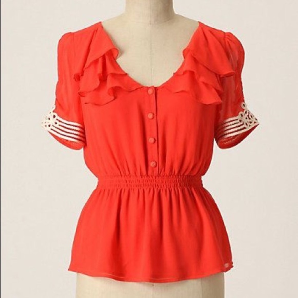 Anthropologie Odille Vermillion Silk Blouse